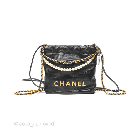 Chanel 22 Quilted Logo Mini Bag with Pearl Chain Black Shiny Crumpled Calfskin