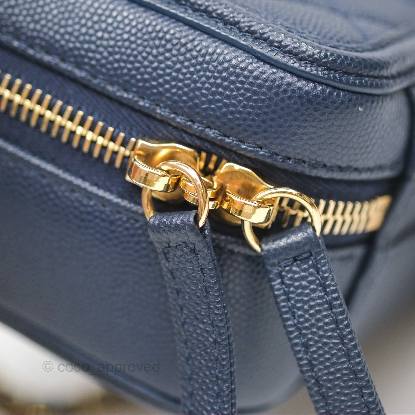 Chanel Quilted Small CC Filigree Vanity Case Navy Caviar Gold Hardware