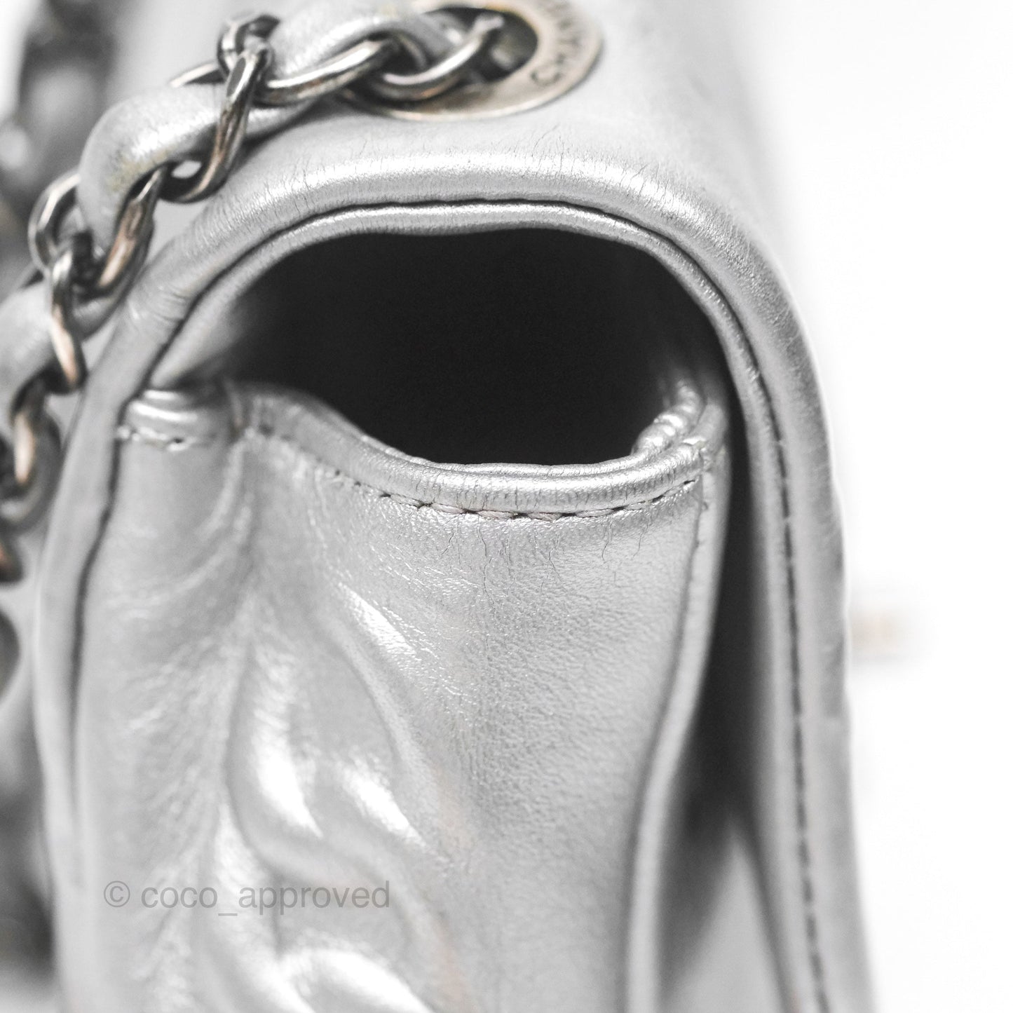 Chanel Medium Single Flap Embossed Metallic Silver Lambskin Ruthenium Hardware