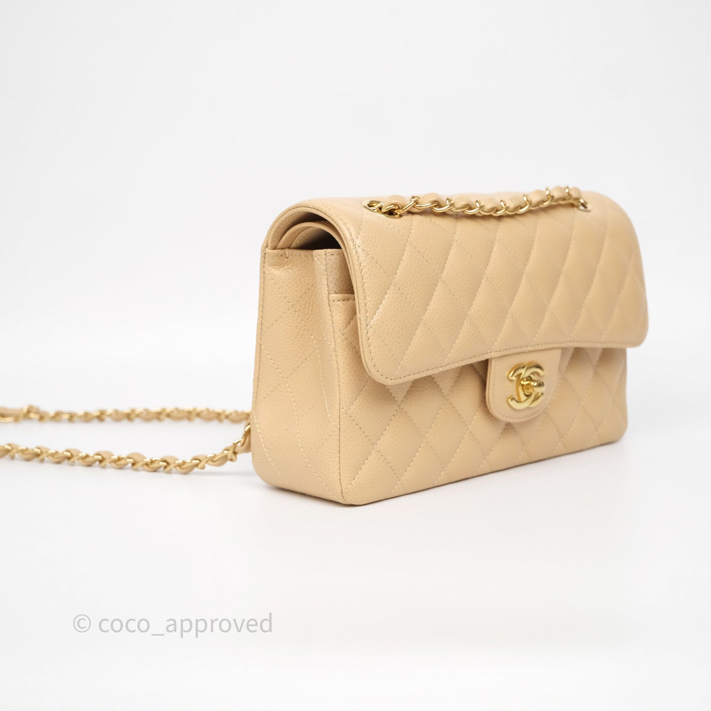 Chanel Small Classic Flap Quilted Beige Caviar Gold Hardware