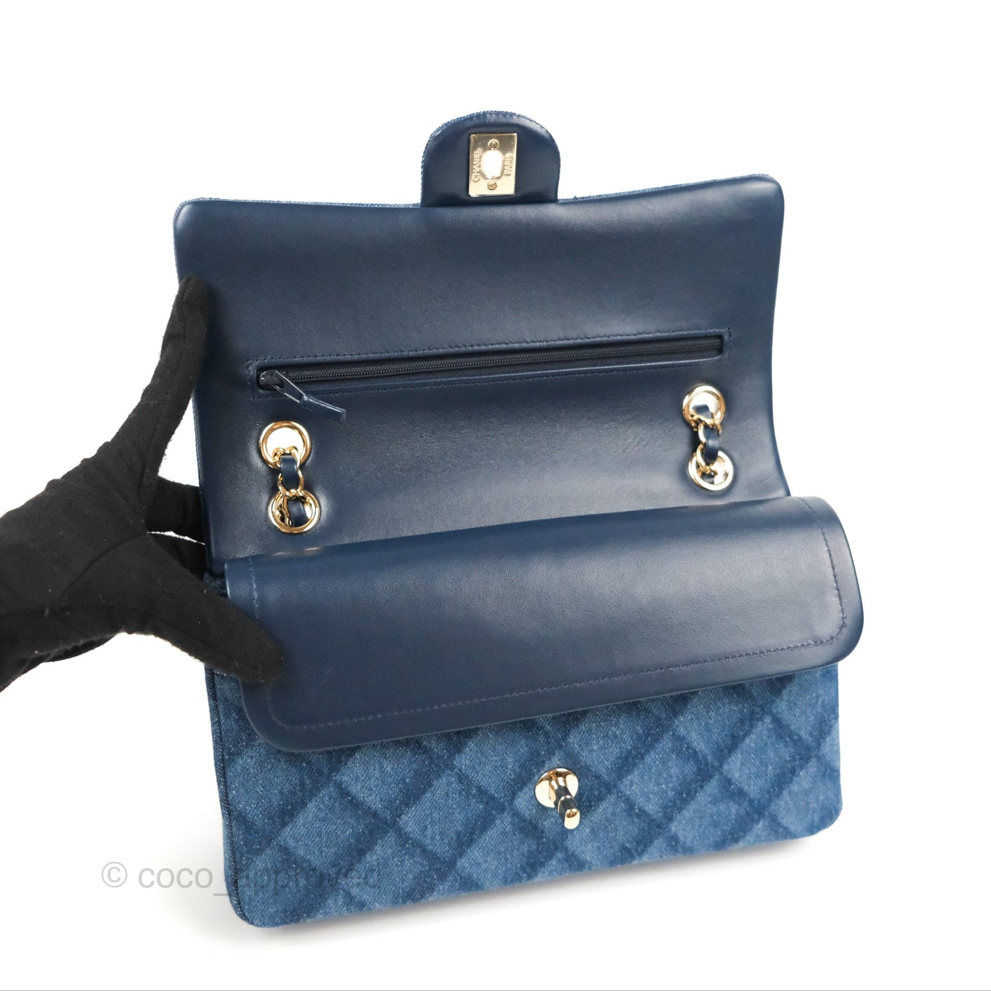 Chanel M/L Quilted Medium Double Flap Dark Blue Printed Denim 22B