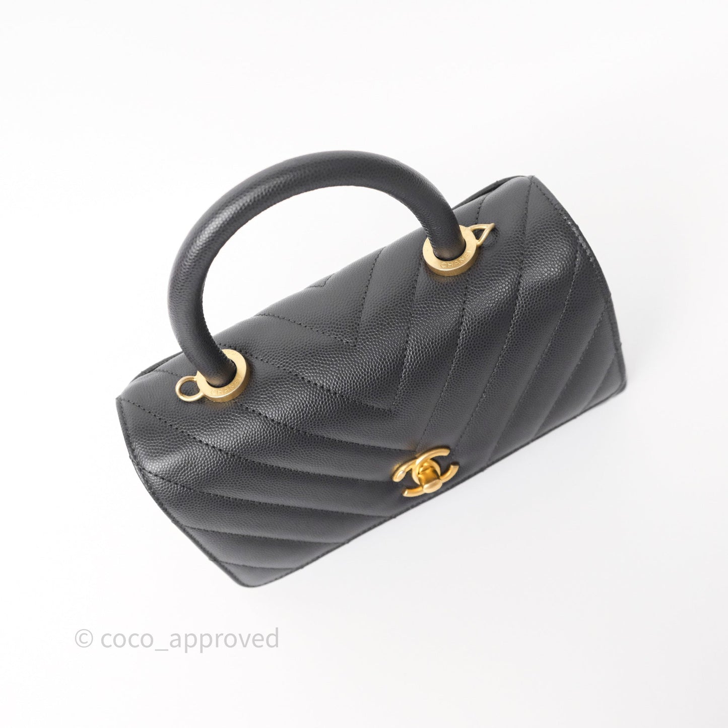 Chanel Small Coco Handle Chevron Dark Grey Caviar Aged Gold Hardware