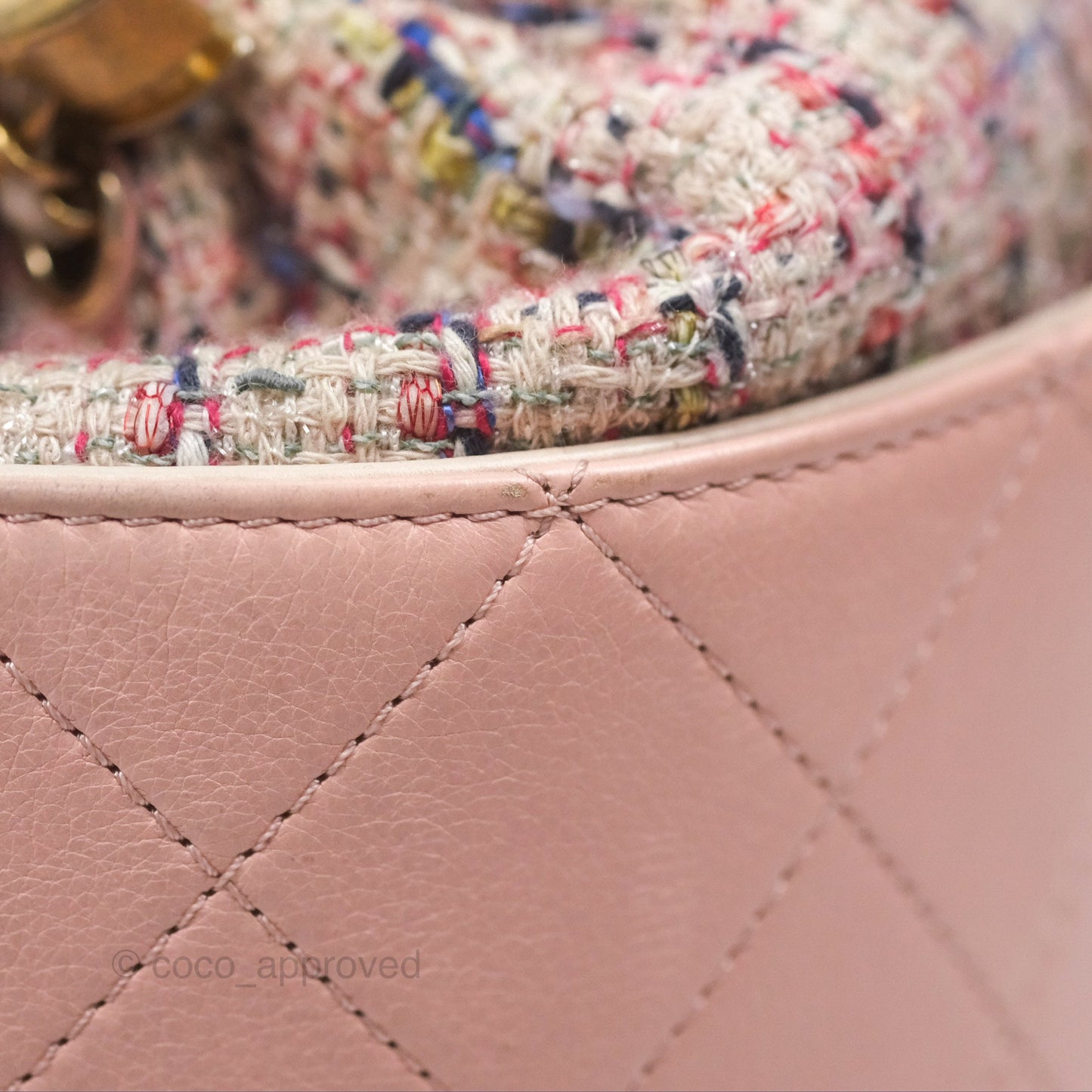 Chanel Quilted Top Handle Drawstring Bucket Bag Calfskin Tweed Pink Aged Gold Hardware