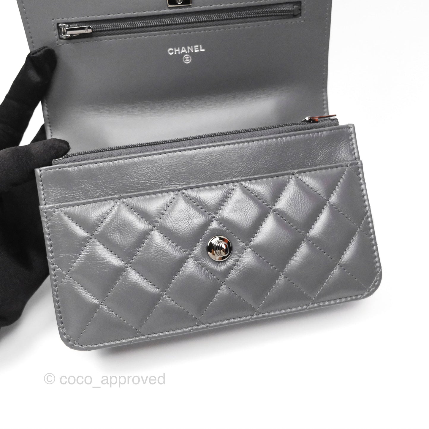 Chanel Top Handle Wallet On Chain WOC Dark Grey Calfskin Gun Metal 23K