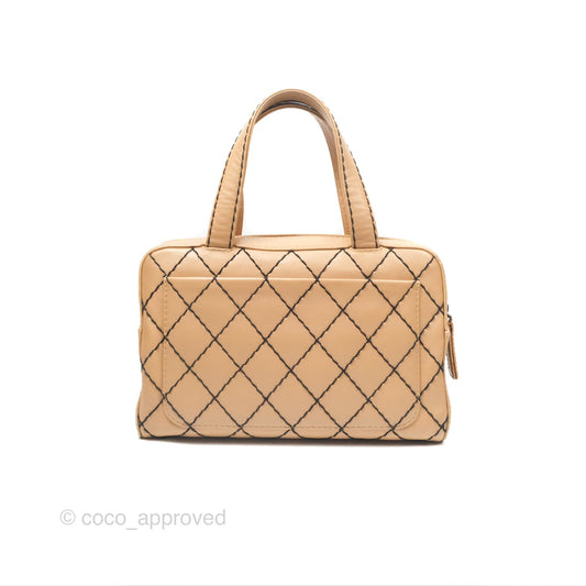 Chanel Contrast Stitch Surpique Bowler Bag Beige Calfskin Matte Black Hardware
