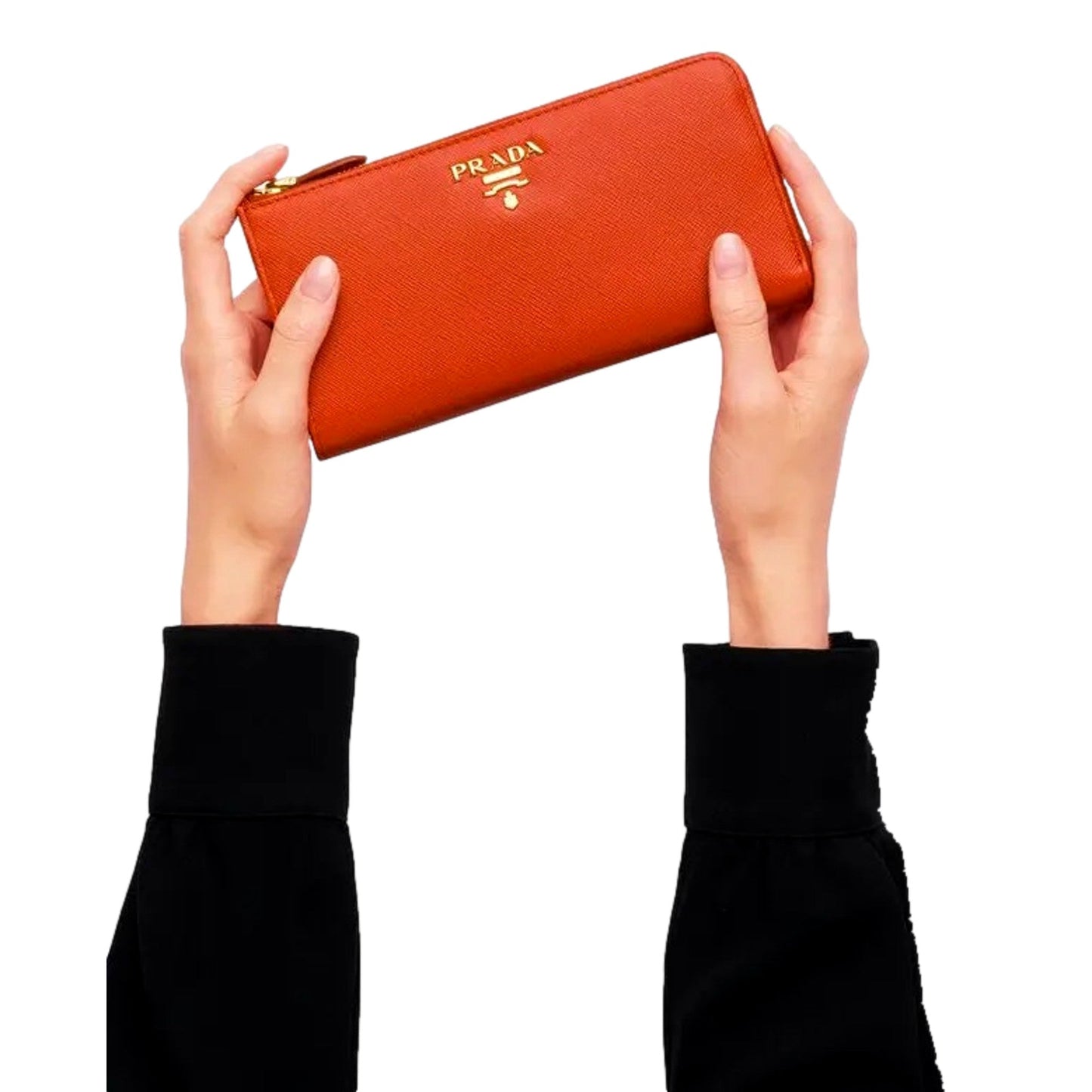 Luxury PradaSaffiano Long Continental Zip Wallet Orange Leather Gold Logo