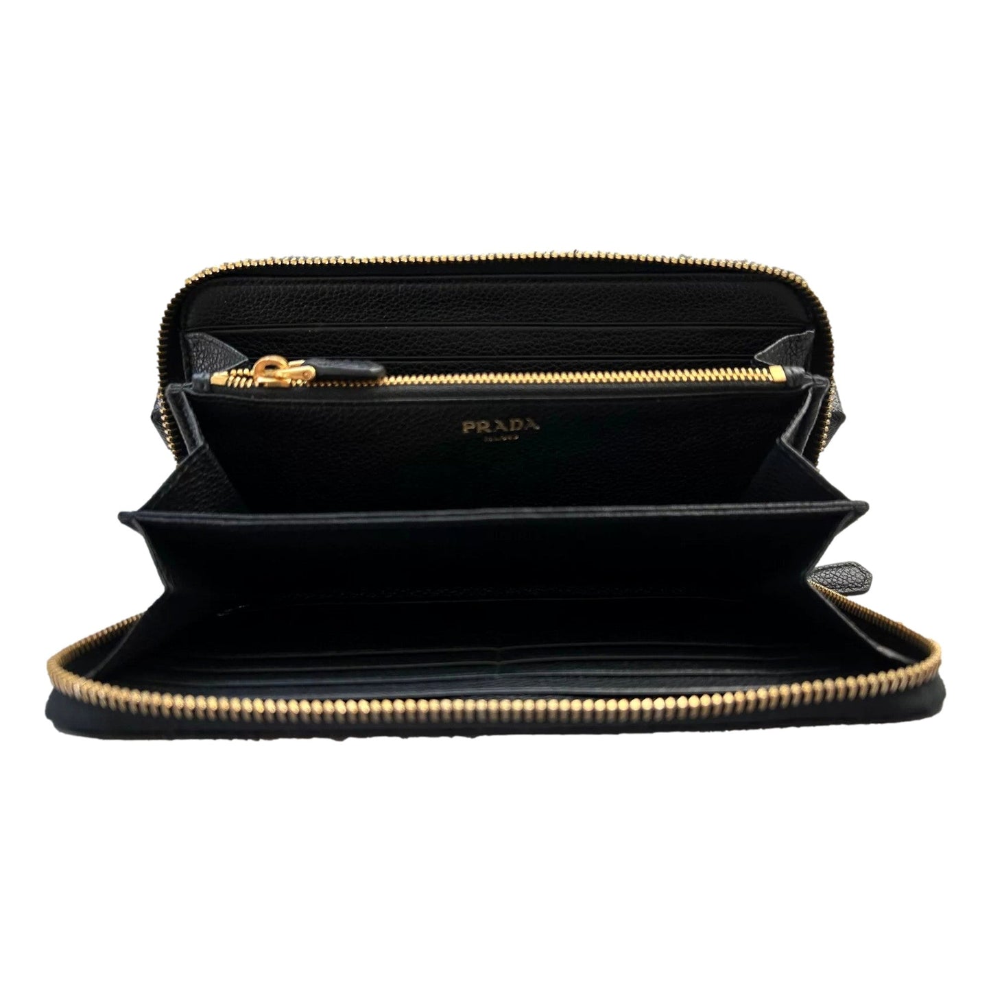 Luxury PradaVitello Grain Zip Continental Long Wallet Black Leather Gold Logo