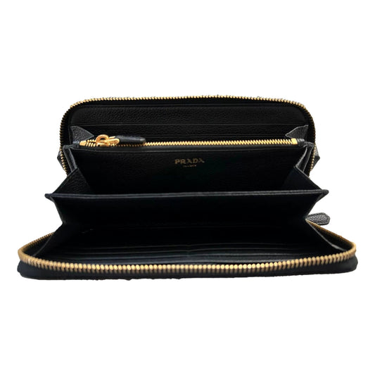 Luxury PradaVitello Grain Zip Continental Long Wallet Black Leather Gold Logo