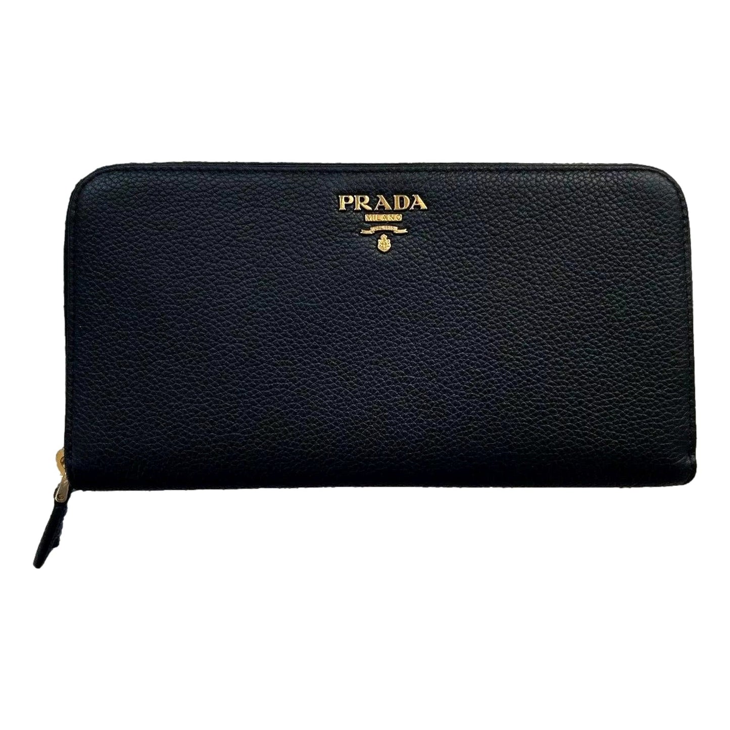 Luxury PradaVitello Grain Zip Continental Long Wallet Black Leather Gold Logo