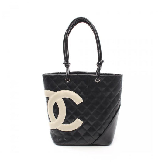 Luxury Chanel Cambon Line Medium Handbag Tote Bag Leather Black White Silver Hardware