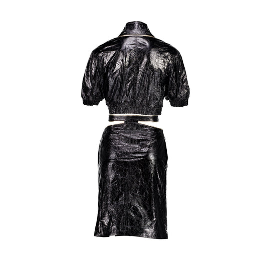 Chanel 22S Size 34 Blouson and Skirt Suit Leather/Cotton/Silk Black/Gold