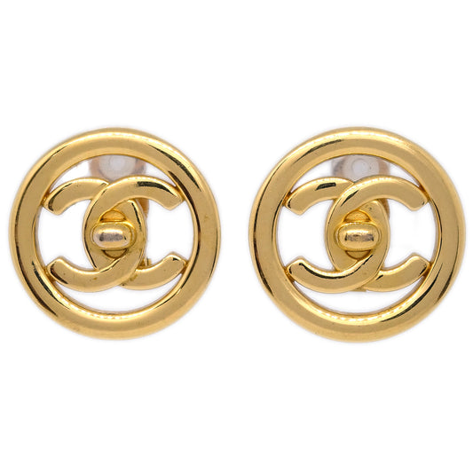 Luxury Chanel Turnlock Button Earrings Gold Clip-On 97P