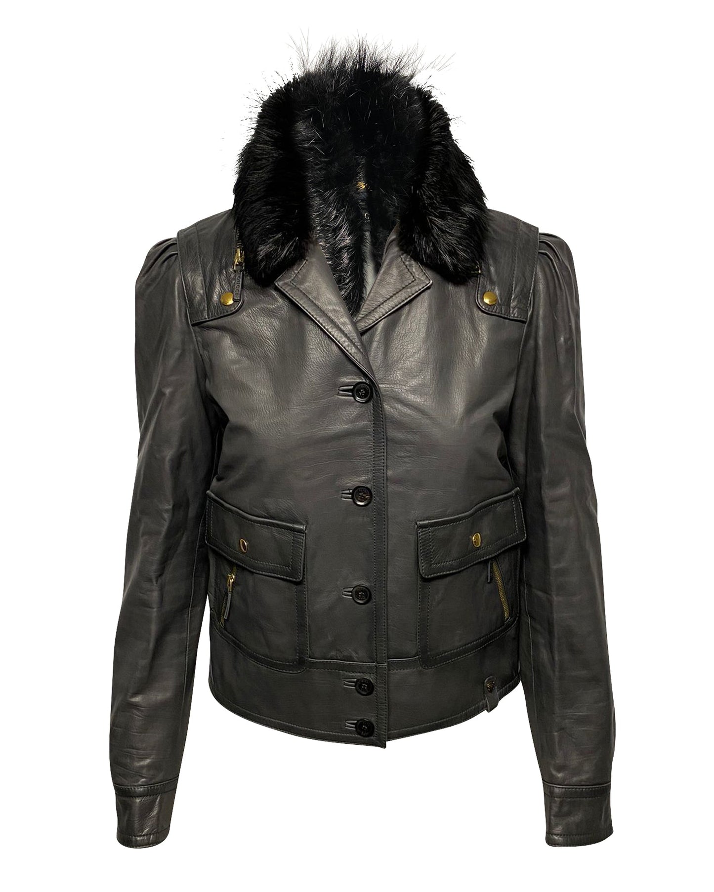 Luxury Gucci Trending 2025 Jacket with Fur Collar Detail in Black Leather