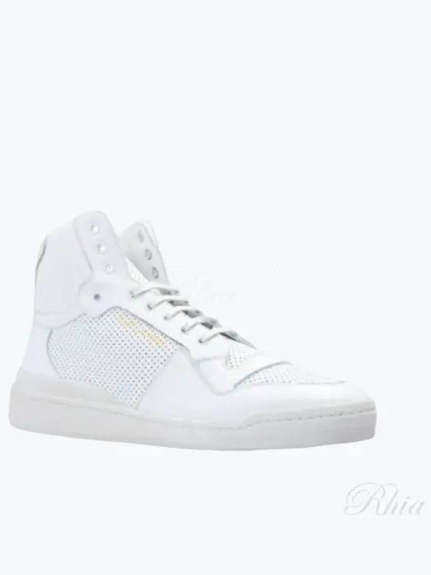 Luxury Saint Laurent Men's SL24 Used-Look Perforated Leather Mid Top Sneakers White
