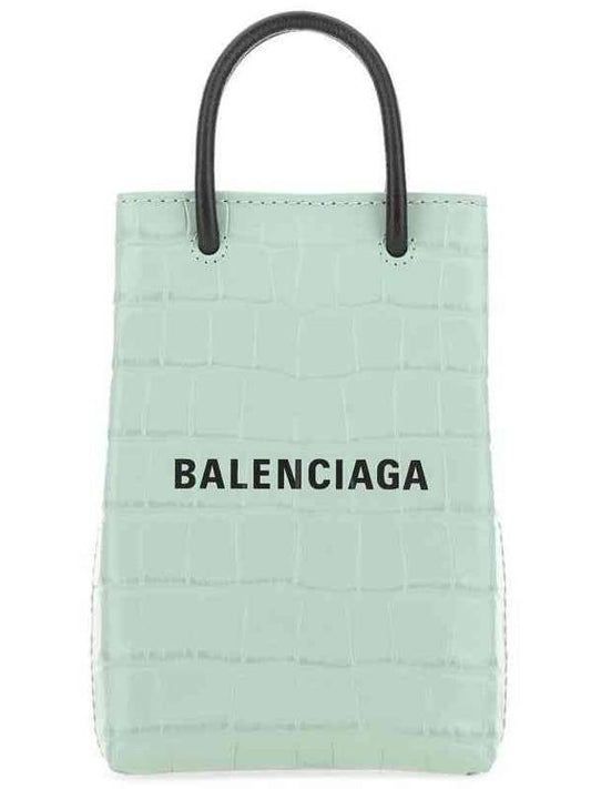 Luxury Balenciaga Crocodile Embossed Phone Holder Shopping Mini Bag Light Green