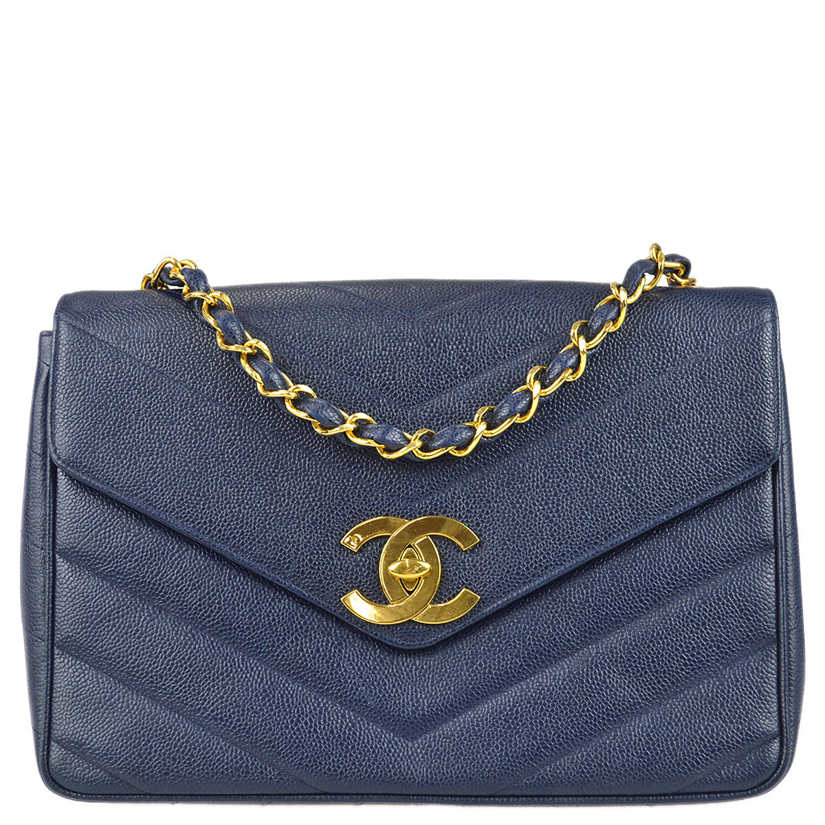 Luxury Chanel 1994-1996 Navy Caviar Jumbo Chevron Letter Flap Bag