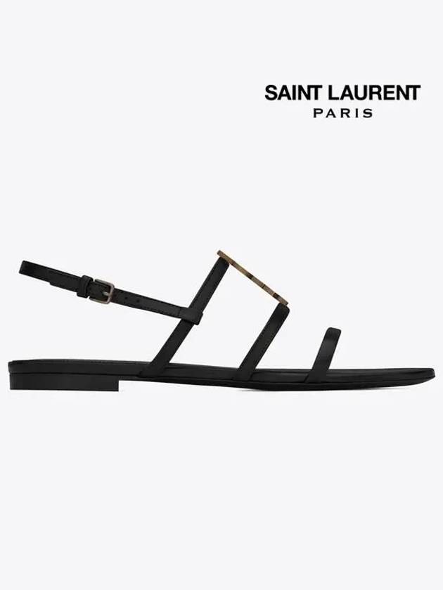 Luxury Saint Laurent Women's Smooth Leather Gold Tone Monogram Detail Cassandra Flat Sandals Black