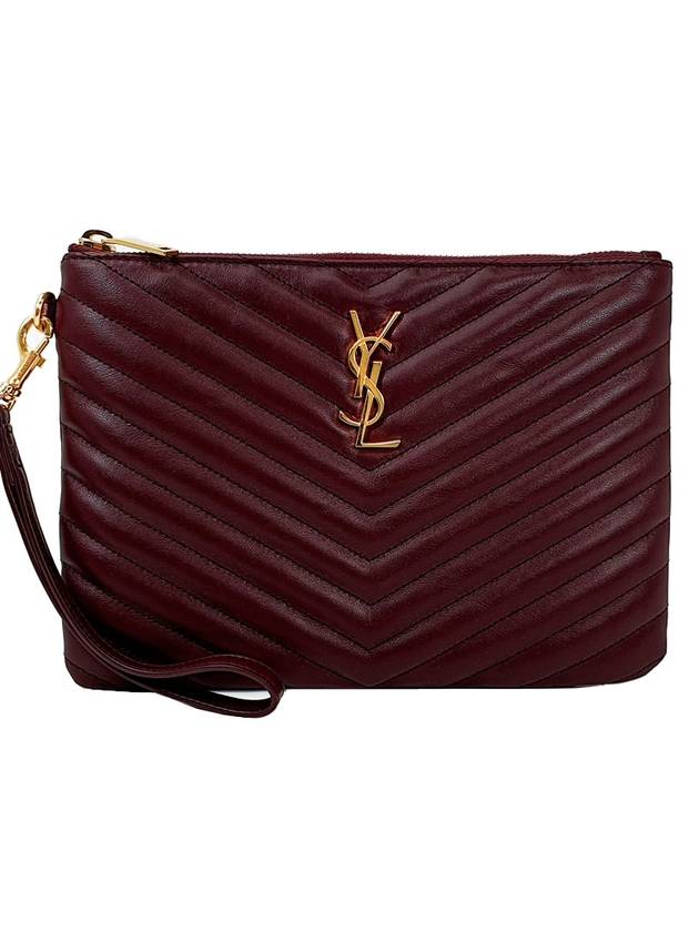 Luxury Saint Laurent Matelasse Monogram Logo Strap Clutch Bag Burgundy