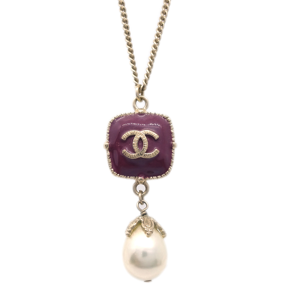 Luxury Chanel Artificial Pearl Rhinestone Gold Chain Pendant Necklace 08A