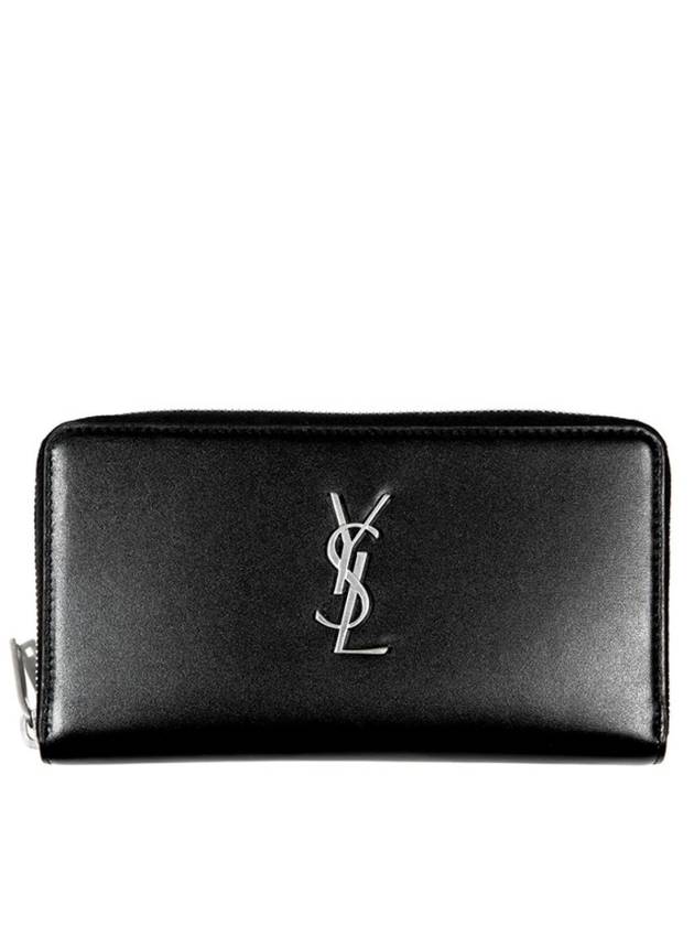 Luxury Saint Laurent Silver Logo Monogram Zipper Long Wallet Black