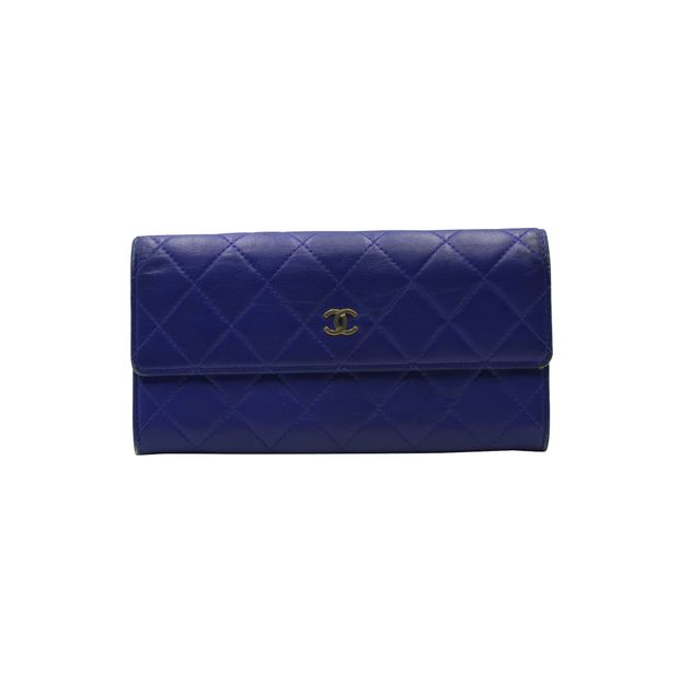 Luxury Chanel Blue Quilted Caviar Leather Wallet