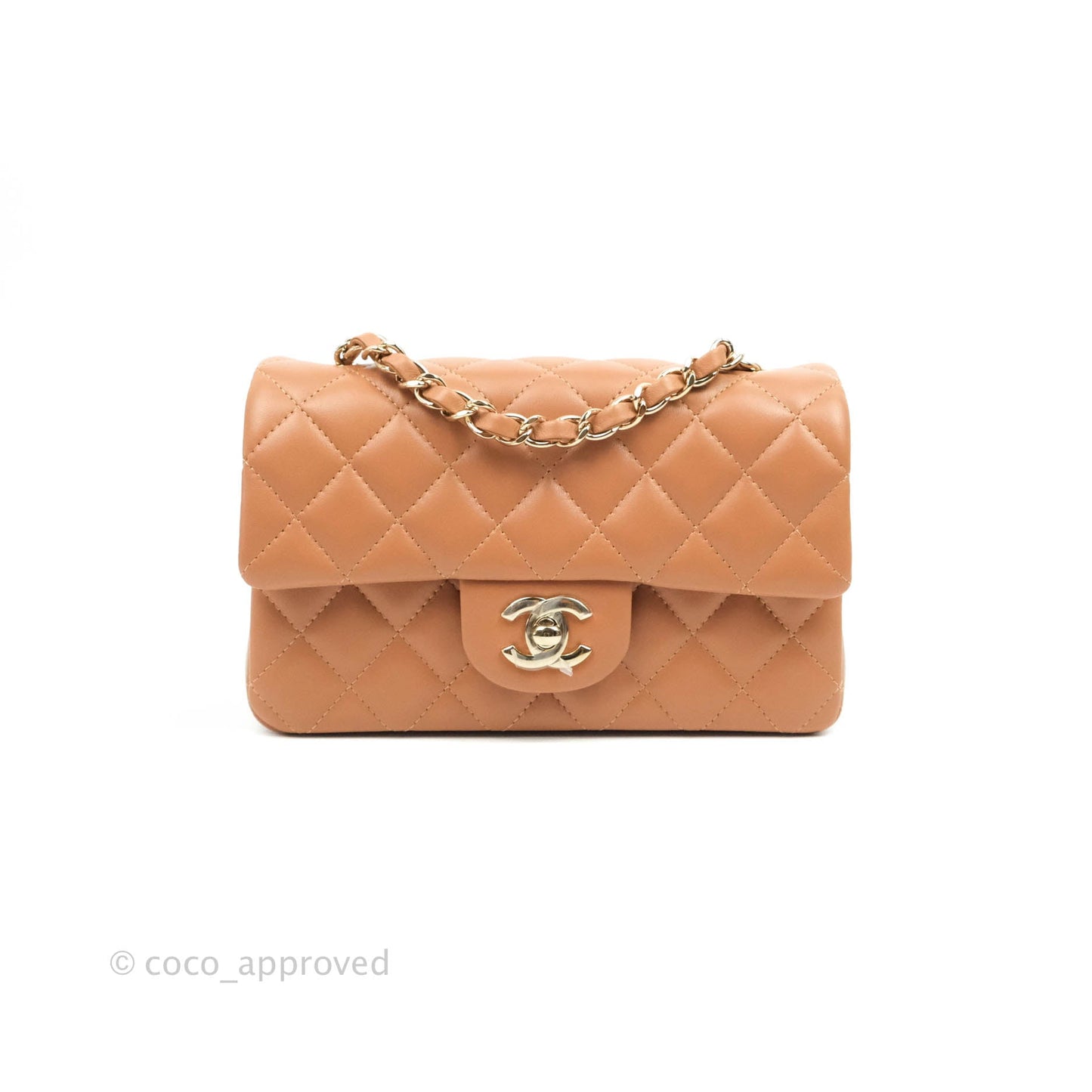 Chanel Mini Rectangular Quilted Caramel Dark Beige Lambskin Gold Hardware 21P