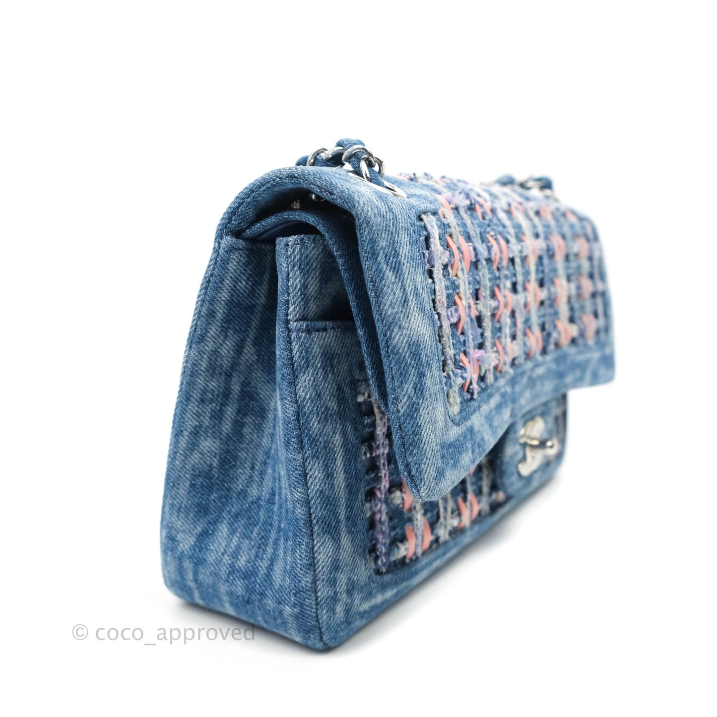 Chanel Quilted M/L Medium Double Flap Tweed Washed Denim Silver Hardware