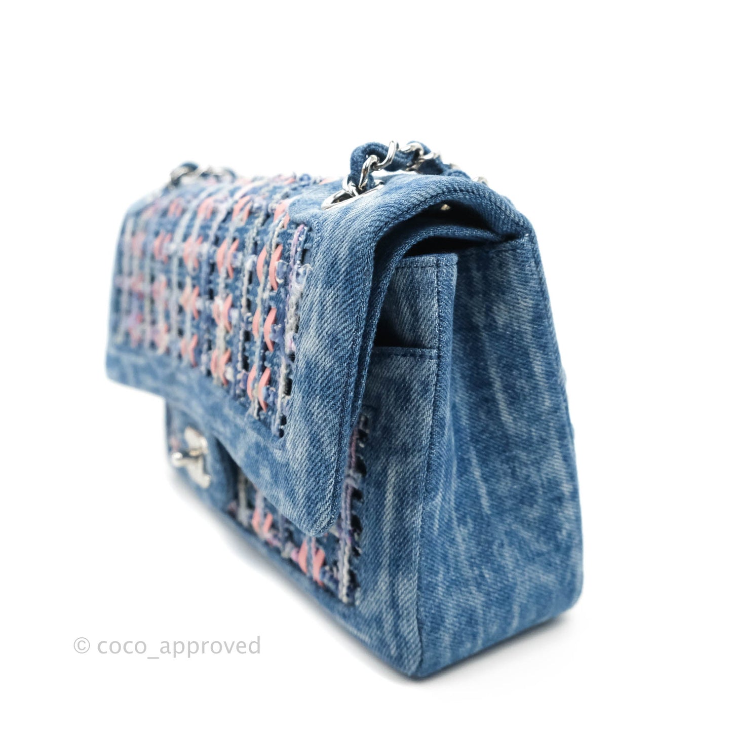 Chanel Quilted M/L Medium Double Flap Tweed Washed Denim Silver Hardware