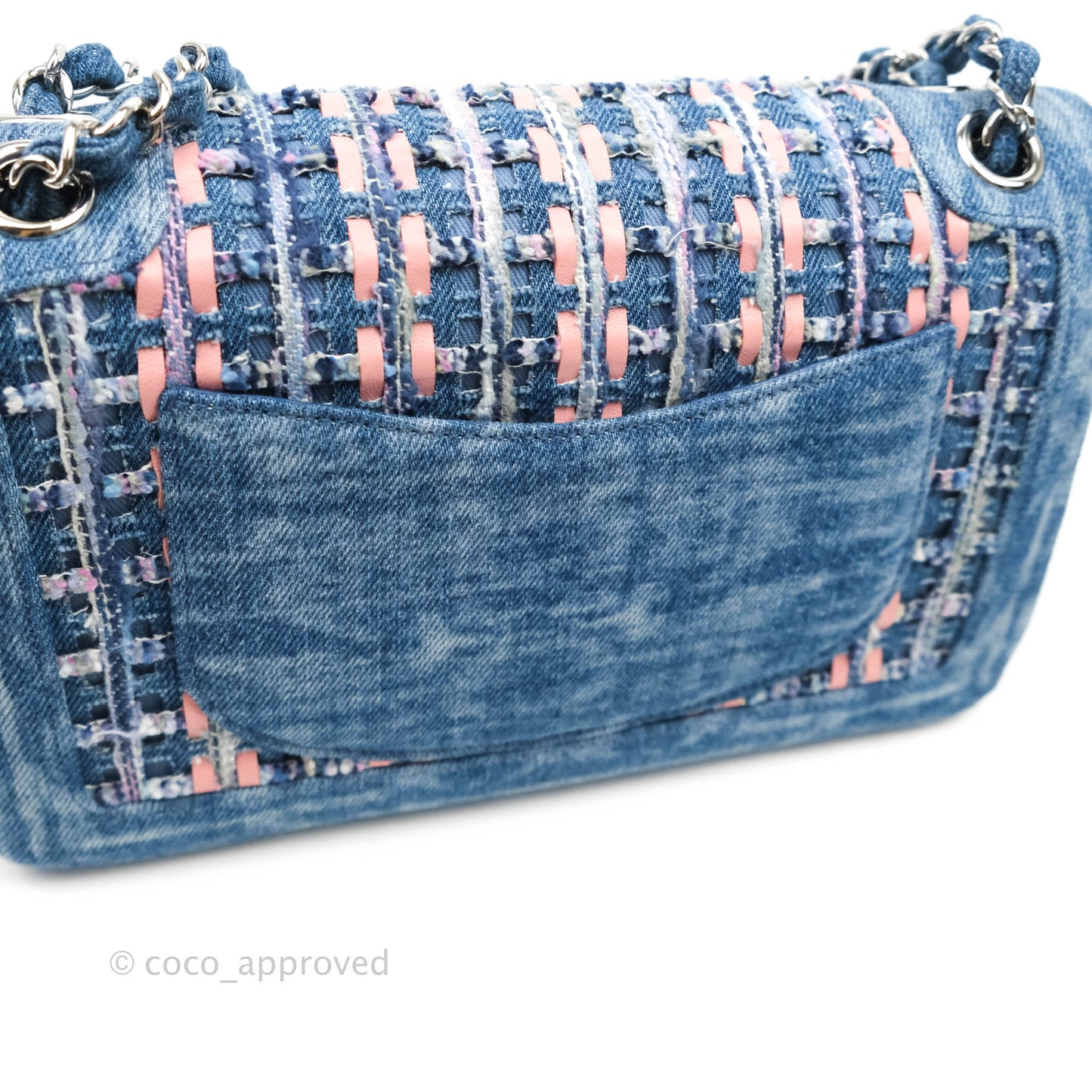 Chanel Quilted M/L Medium Double Flap Tweed Washed Denim Silver Hardware