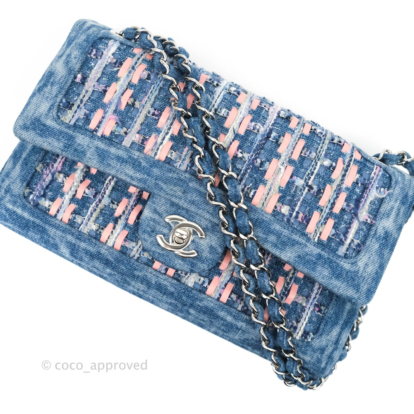 Chanel Quilted M/L Medium Double Flap Tweed Washed Denim Silver Hardware
