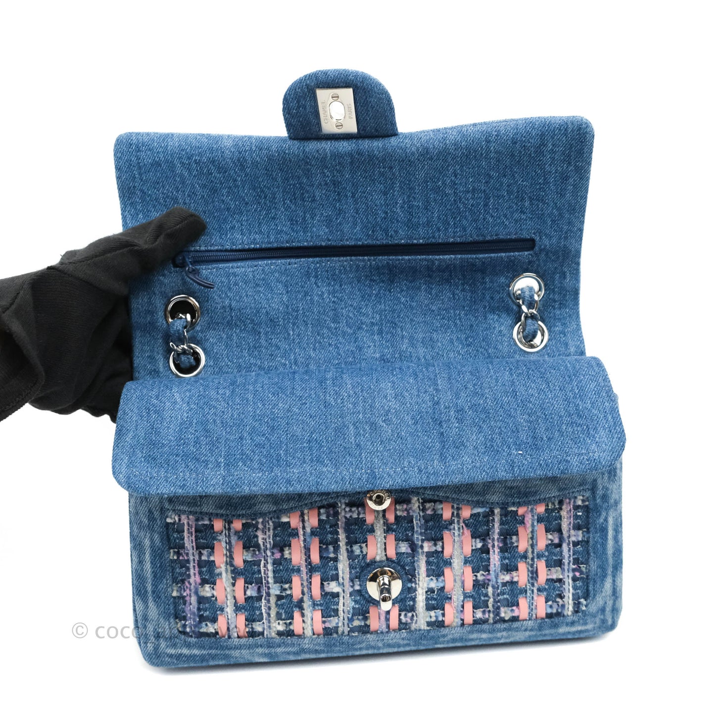 Chanel Quilted M/L Medium Double Flap Tweed Washed Denim Silver Hardware