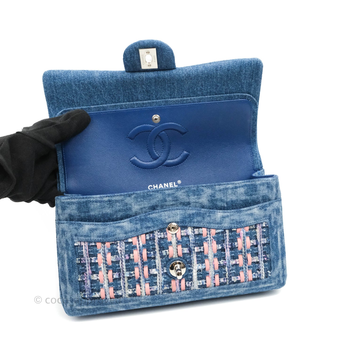 Chanel Quilted M/L Medium Double Flap Tweed Washed Denim Silver Hardware
