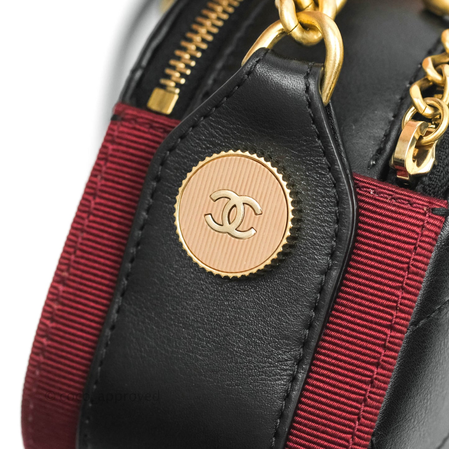 Chanel Small Button Up Camera Case Bag Black Calfskin Grosgrain Aged Gold Hardware