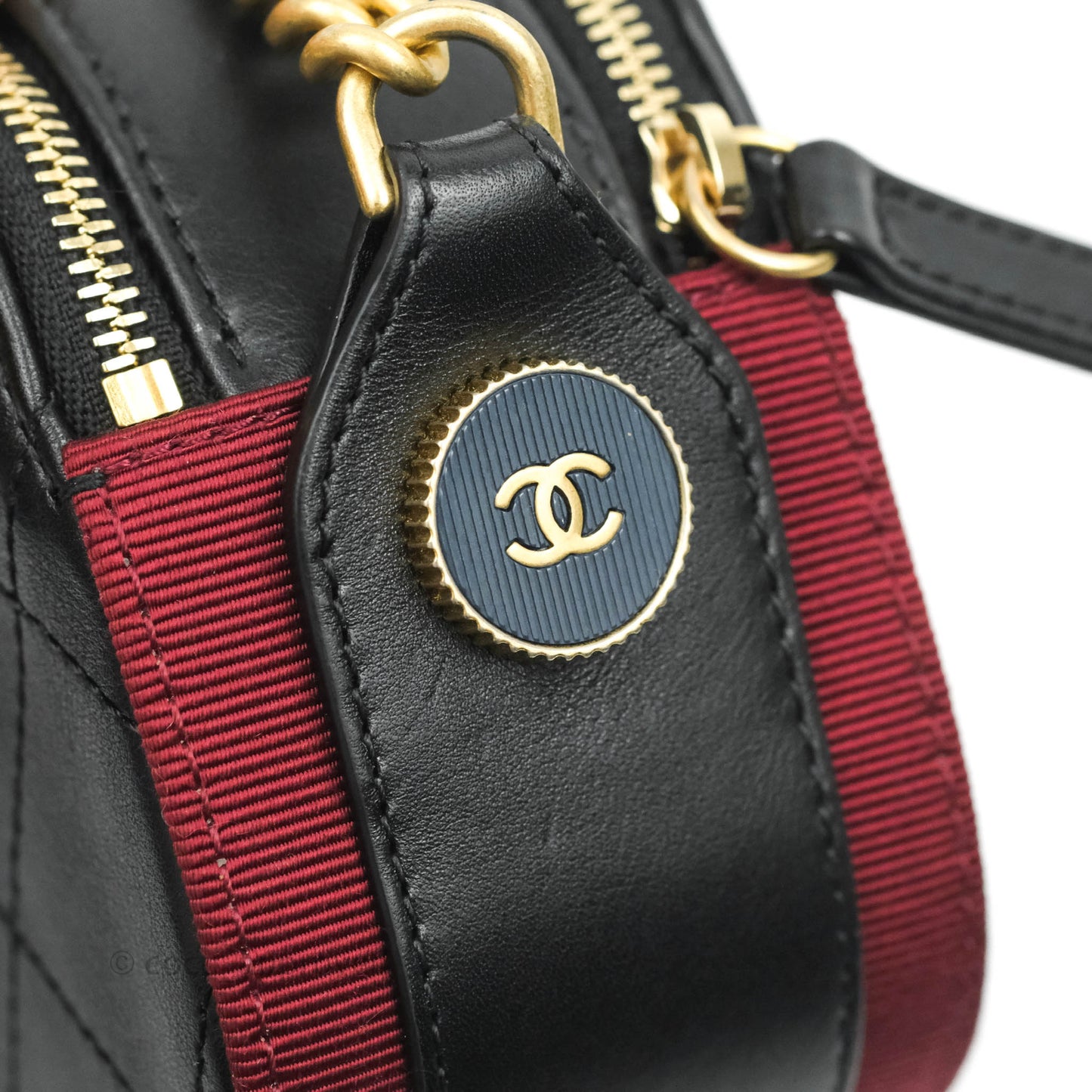 Chanel Small Button Up Camera Case Bag Black Calfskin Grosgrain Aged Gold Hardware