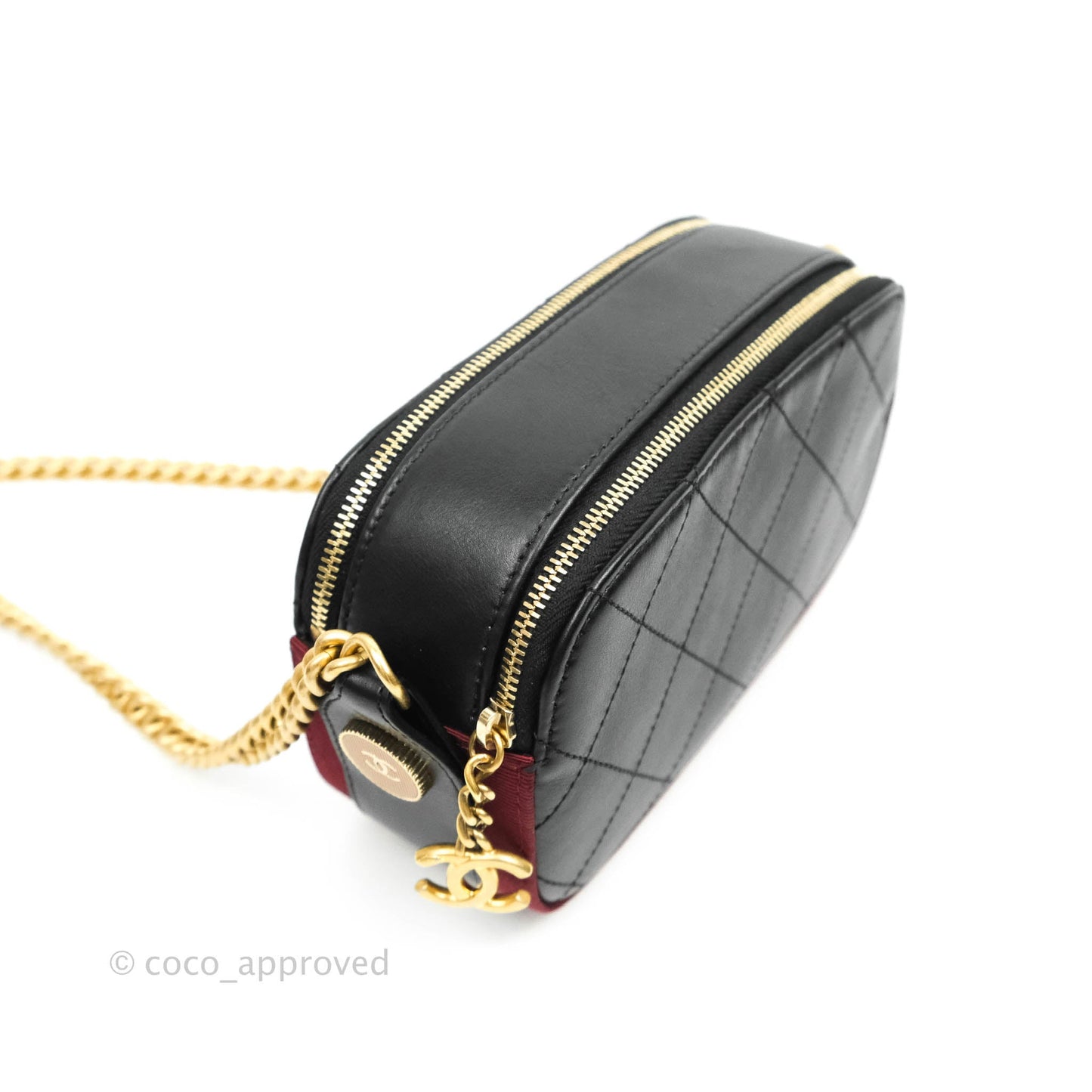 Chanel Small Button Up Camera Case Bag Black Calfskin Grosgrain Aged Gold Hardware