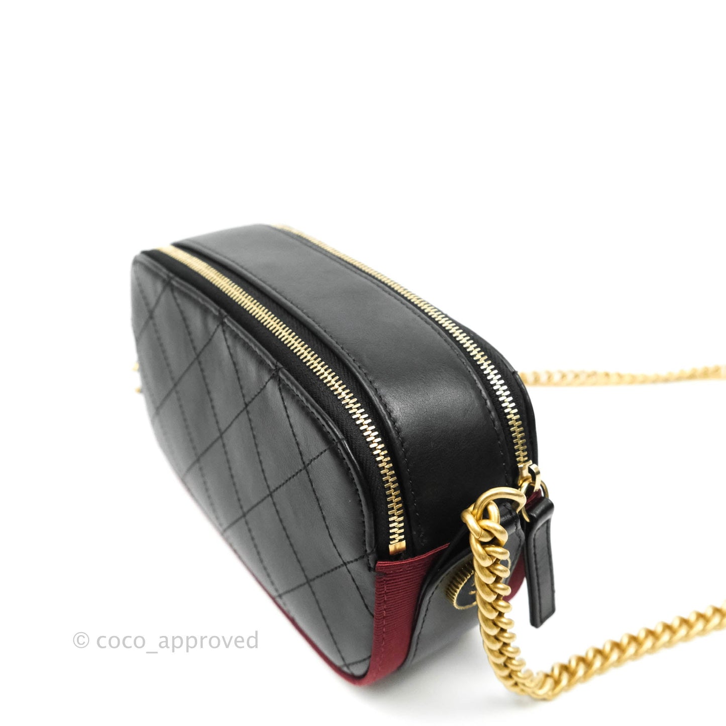 Chanel Small Button Up Camera Case Bag Black Calfskin Grosgrain Aged Gold Hardware