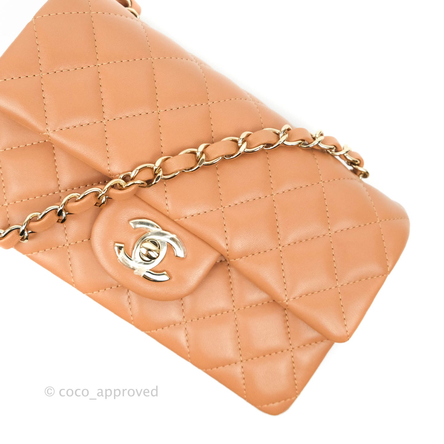 Chanel Mini Rectangular Quilted Caramel Dark Beige Lambskin Gold Hardware 21P