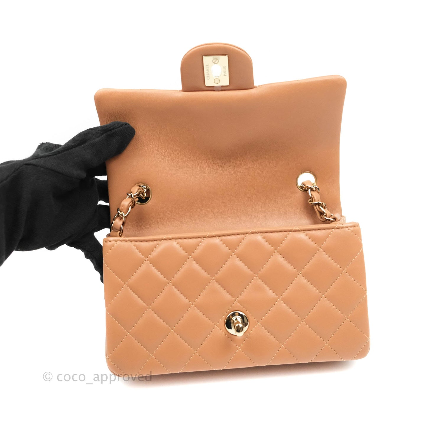 Chanel Mini Rectangular Quilted Caramel Dark Beige Lambskin Gold Hardware 21P