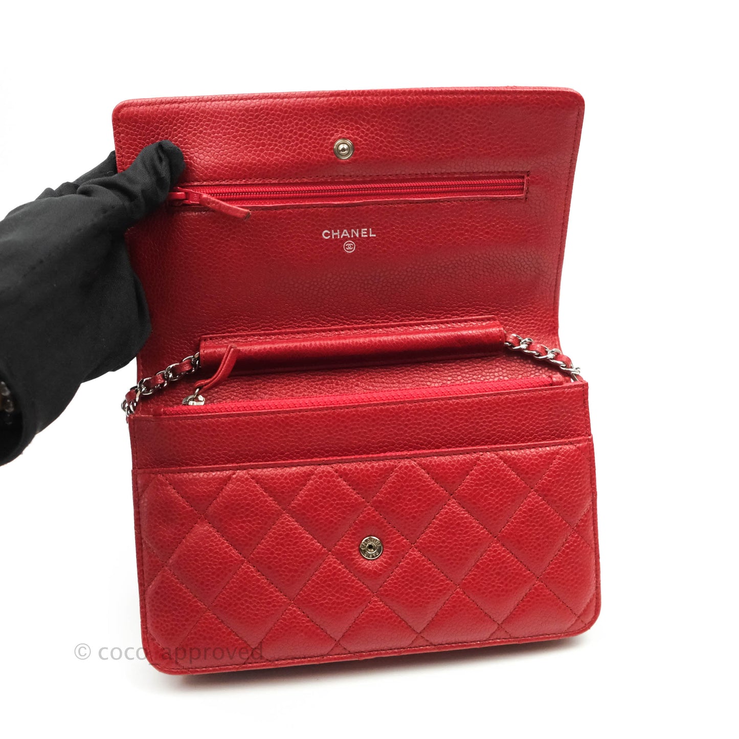 Chanel Quilted Wallet on Chain WOC Red Caviar Silver Hardware