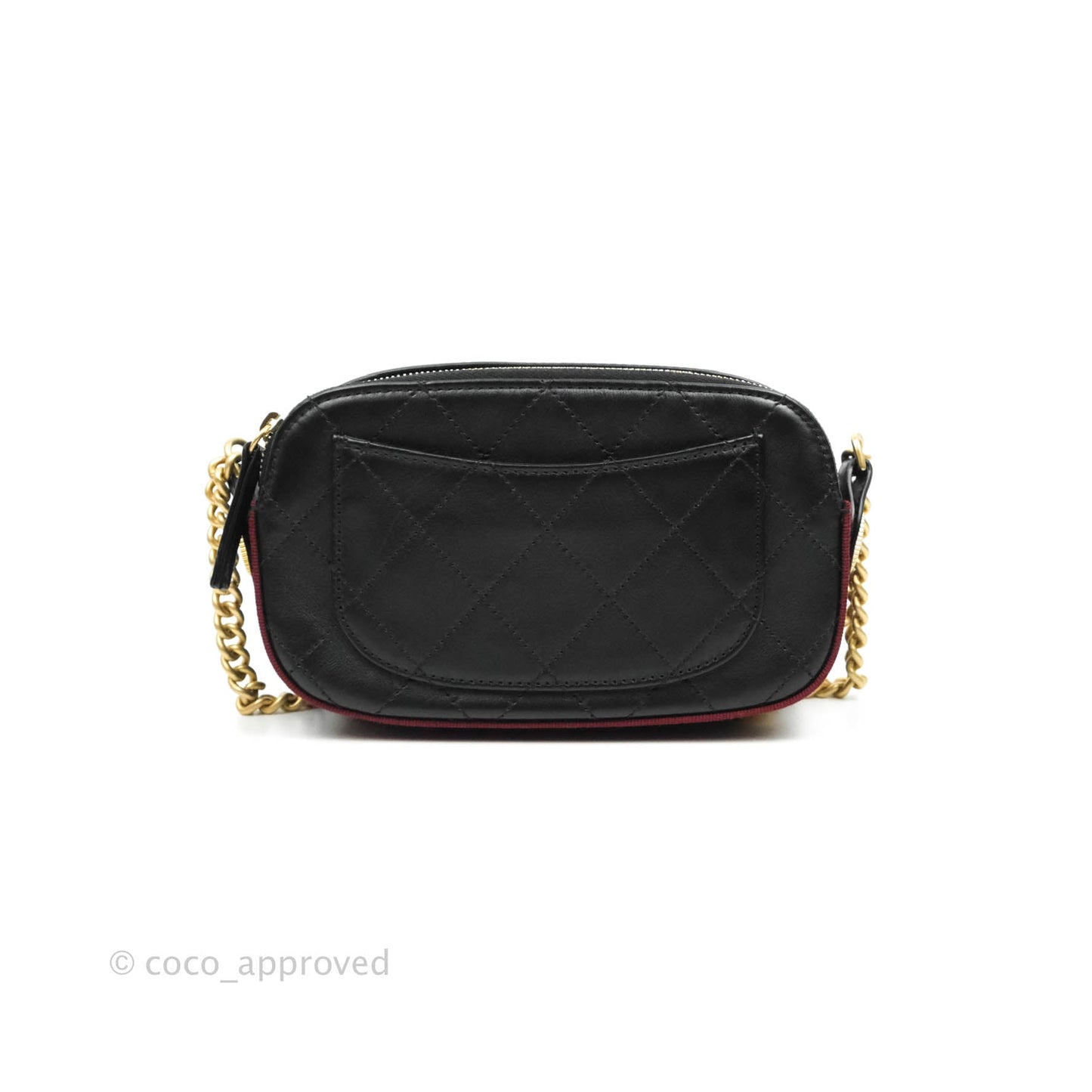 Chanel Small Button Up Camera Case Bag Black Calfskin Grosgrain Aged Gold Hardware