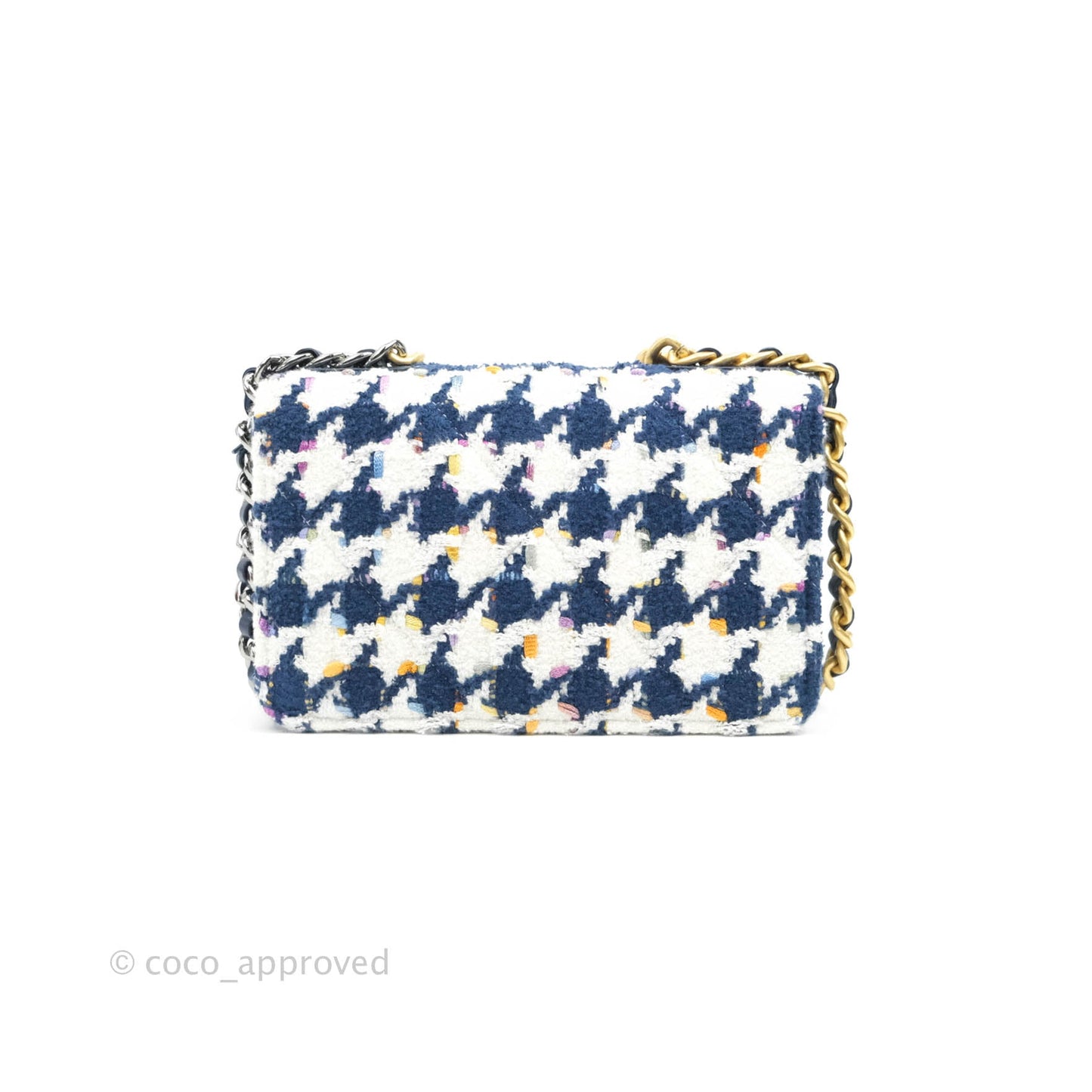 Chanel 19 Wallet On Chain WOC Quilted Houndstooth Tweed Blue White