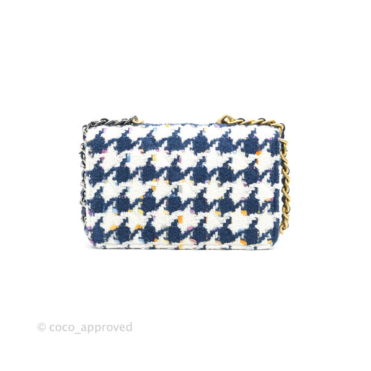 Chanel 19 Wallet On Chain WOC Quilted Houndstooth Tweed Blue White