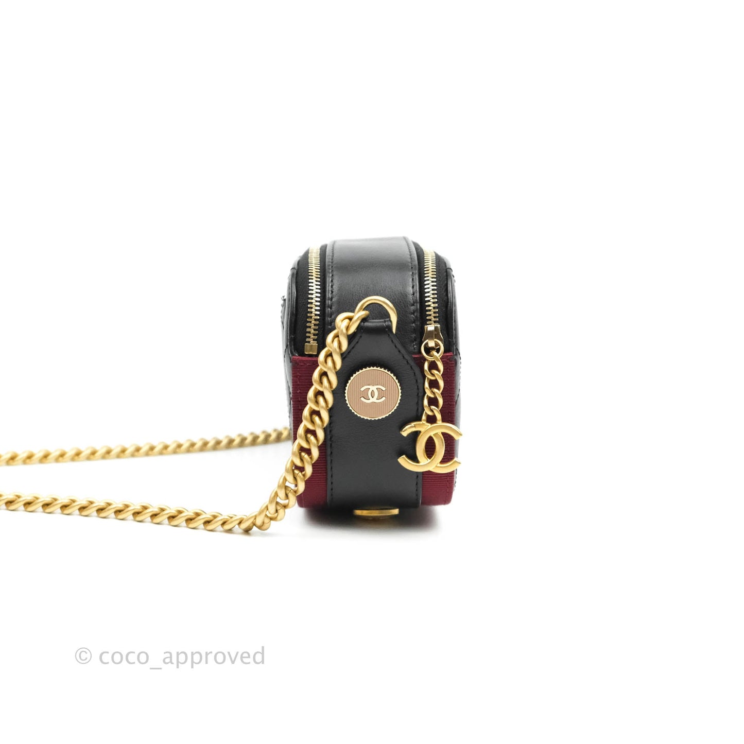 Chanel Small Button Up Camera Case Bag Black Calfskin Grosgrain Aged Gold Hardware