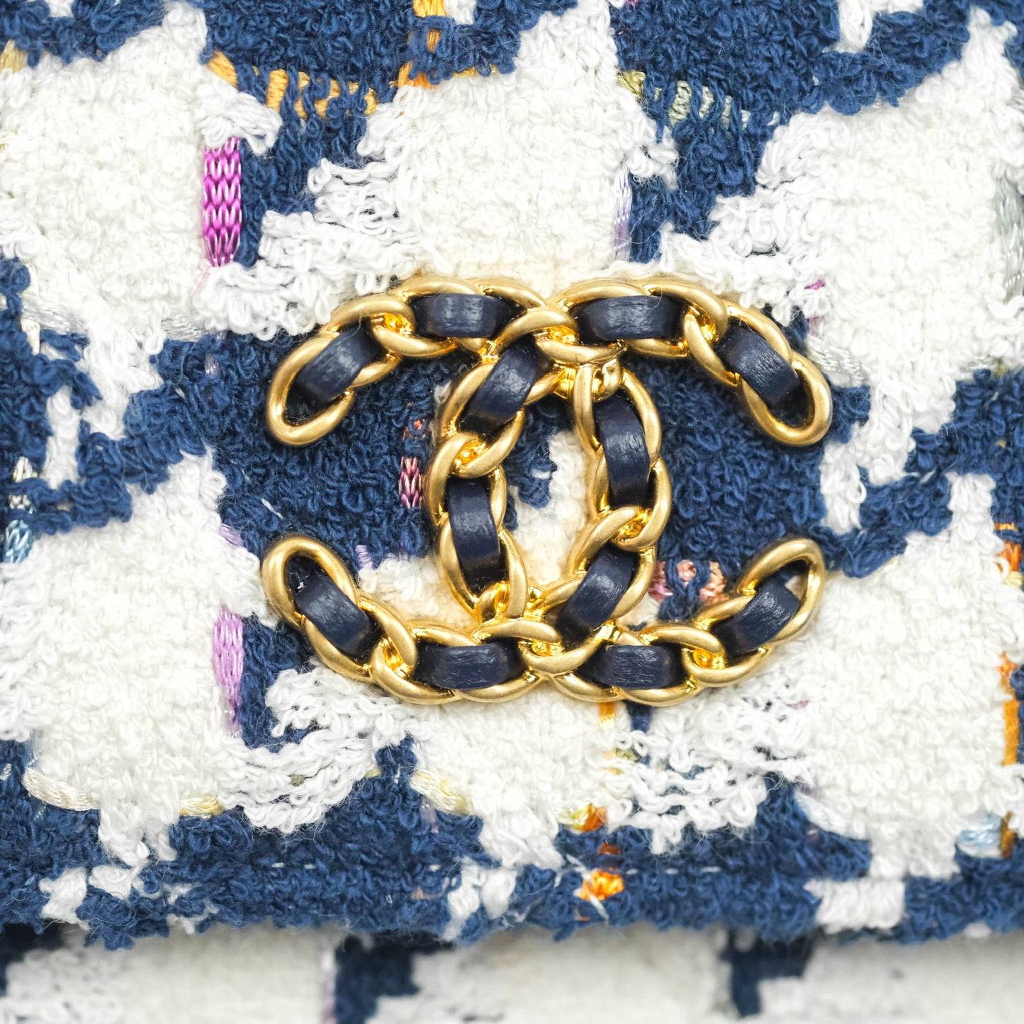 Chanel 19 Wallet On Chain WOC Quilted Houndstooth Tweed Blue White