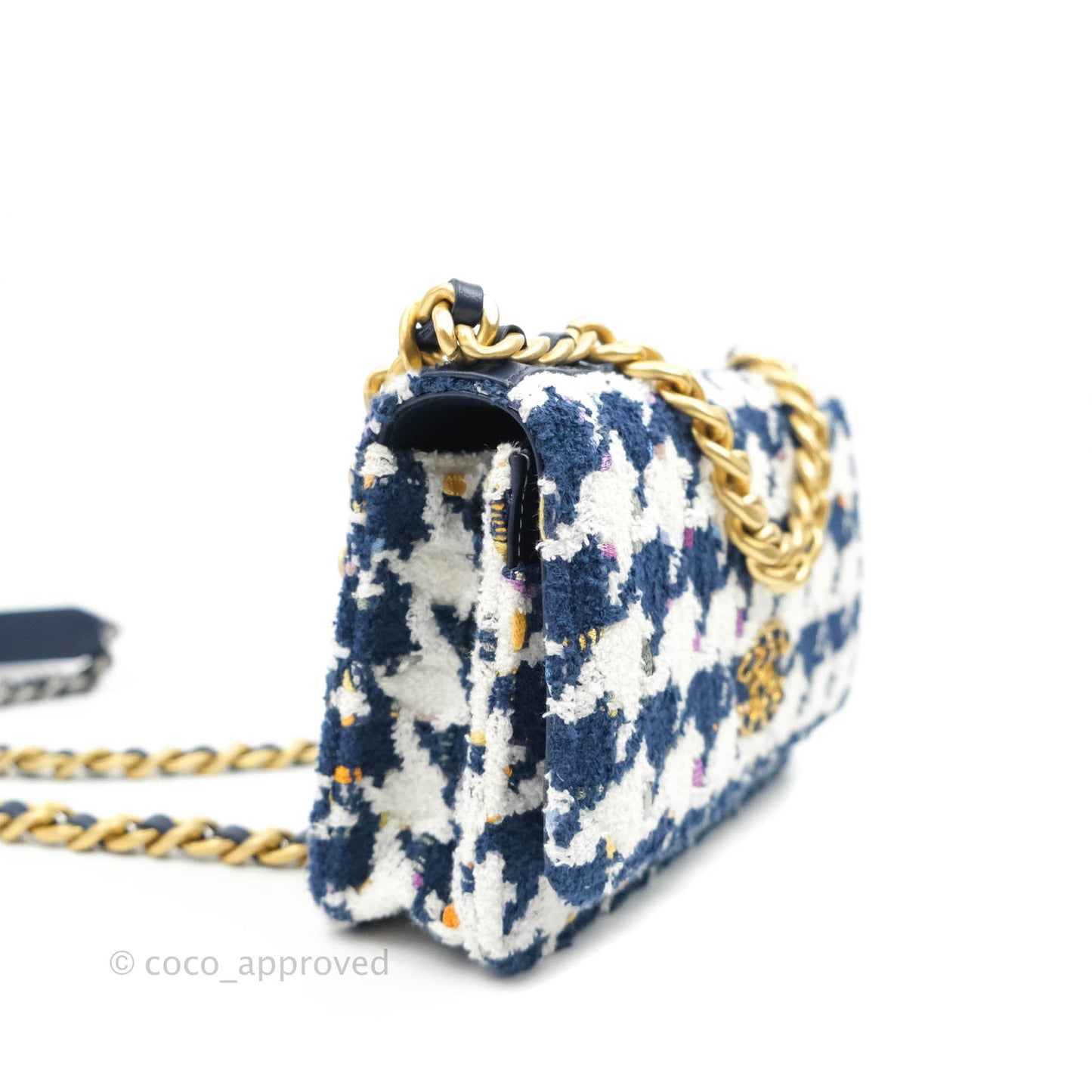 Chanel 19 Wallet On Chain WOC Quilted Houndstooth Tweed Blue White