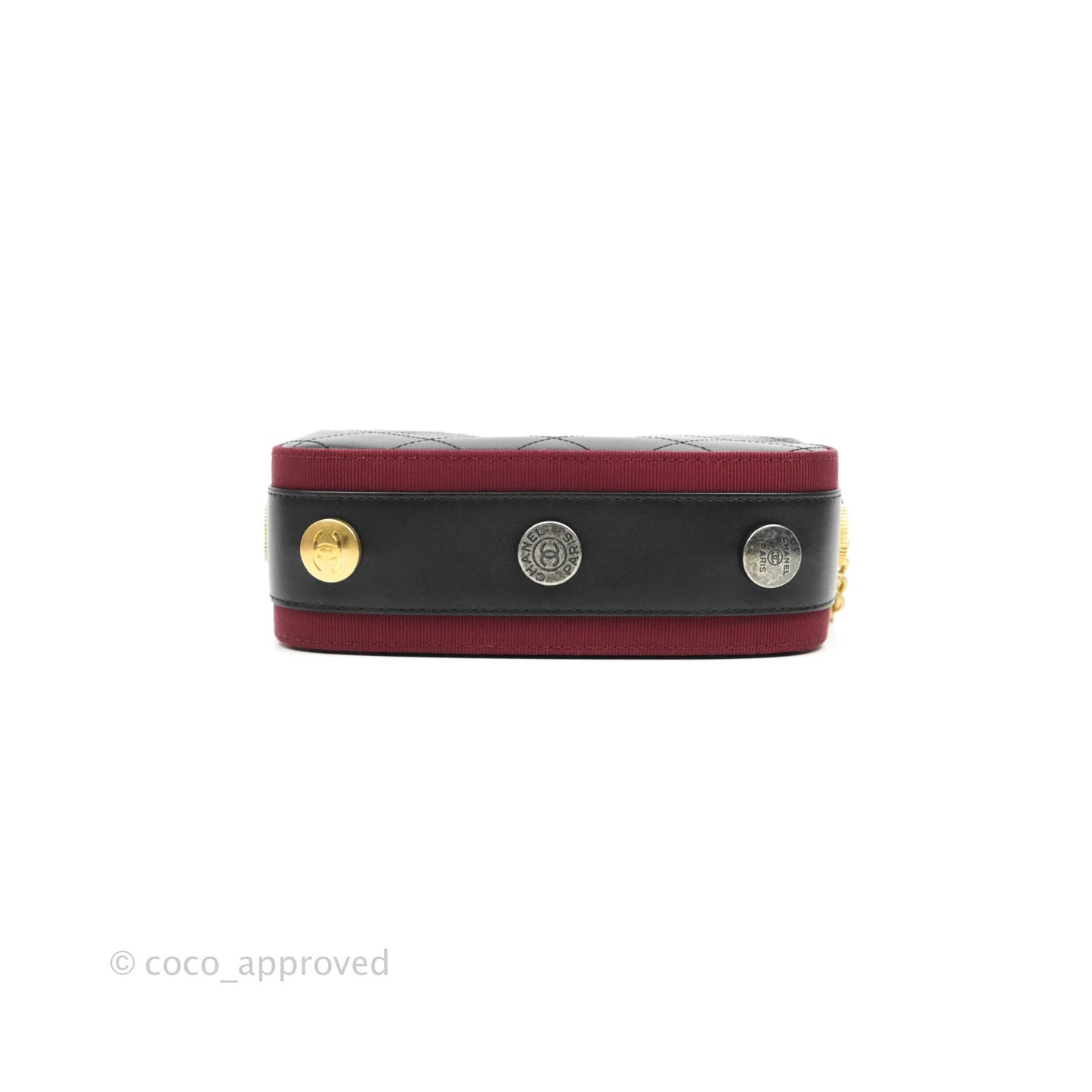 Chanel Small Button Up Camera Case Bag Black Calfskin Grosgrain Aged Gold Hardware