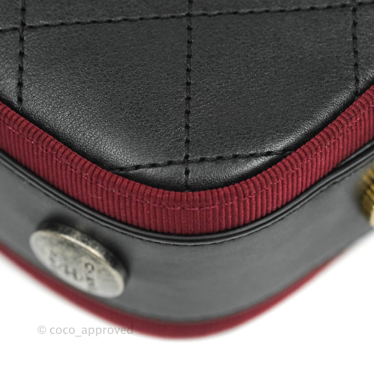 Chanel Small Button Up Camera Case Bag Black Calfskin Grosgrain Aged Gold Hardware