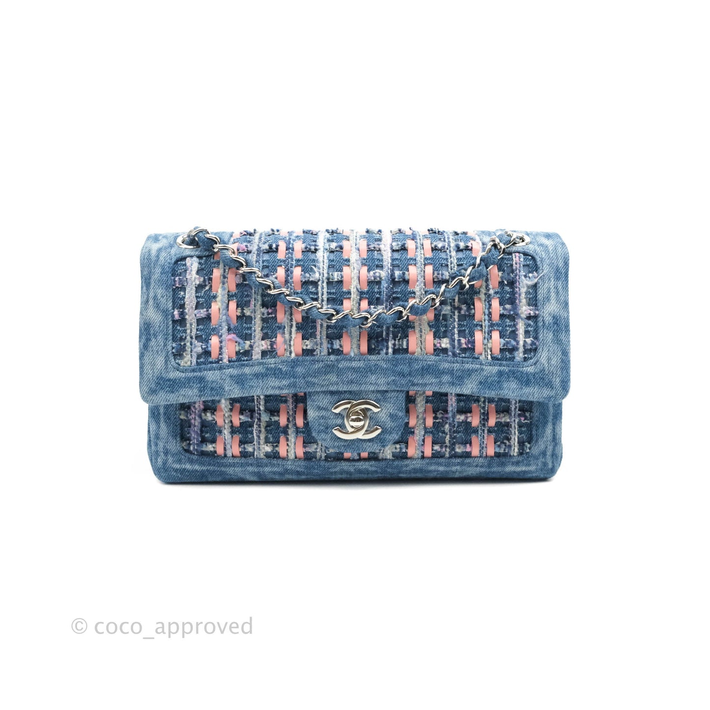 Chanel Quilted M/L Medium Double Flap Tweed Washed Denim Silver Hardware