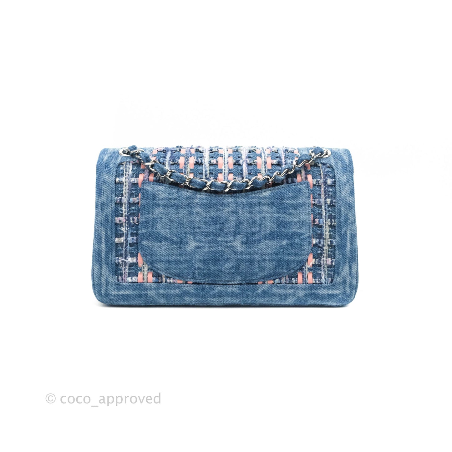 Chanel Quilted M/L Medium Double Flap Tweed Washed Denim Silver Hardware