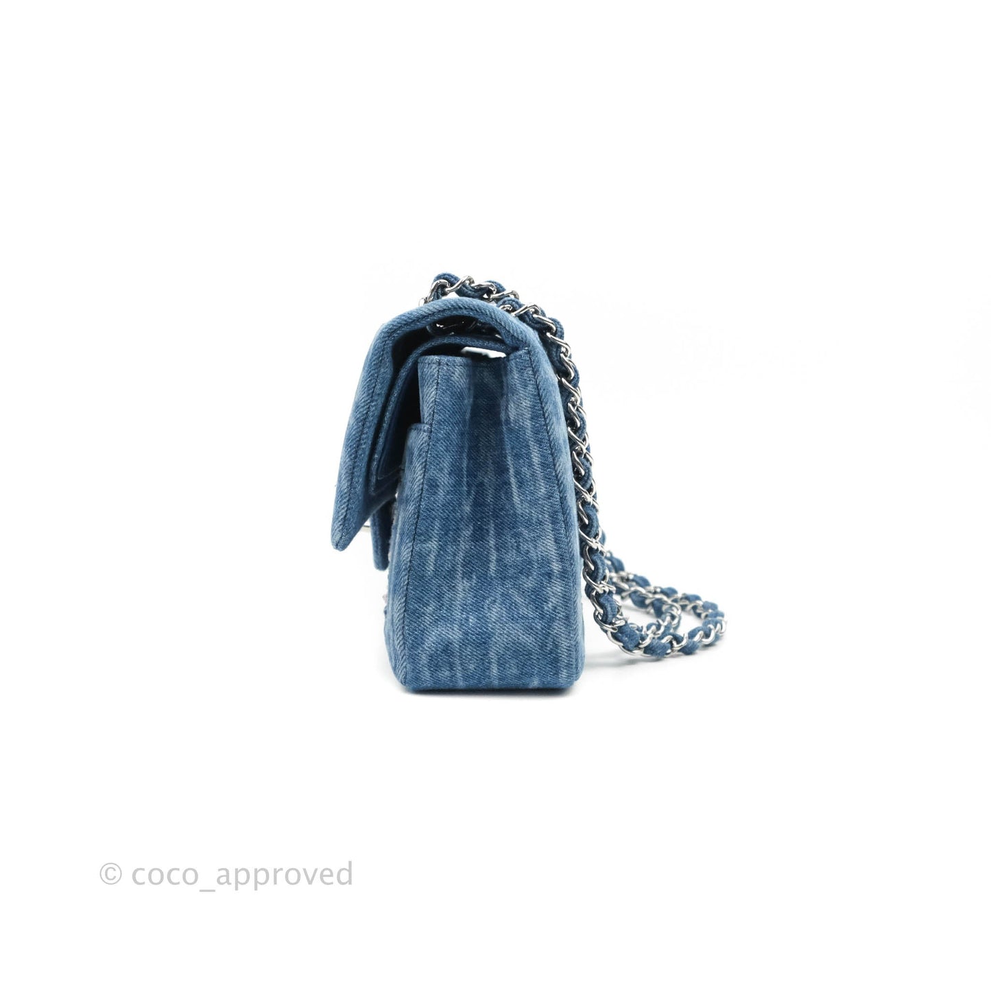 Chanel Quilted M/L Medium Double Flap Tweed Washed Denim Silver Hardware